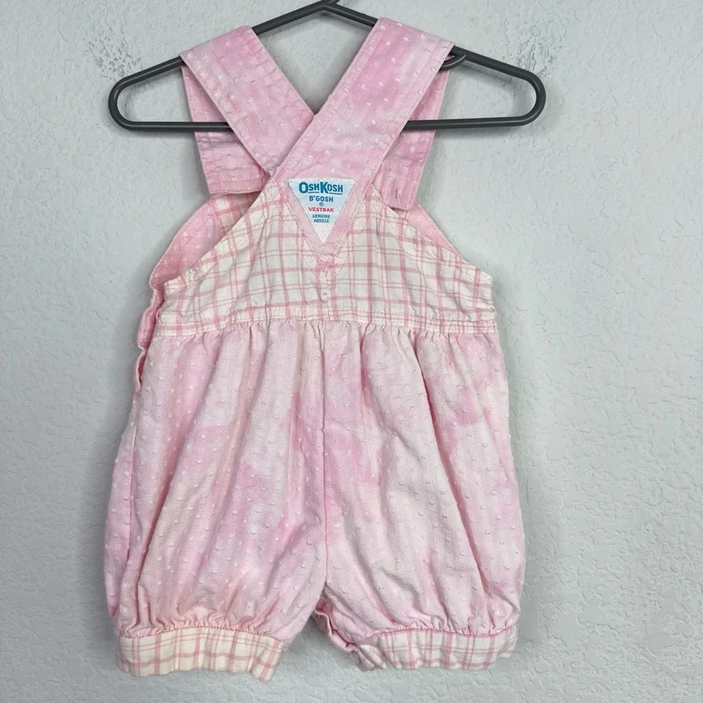 OshKosh B'Gosh Overall Shorts Girls 18M Pink Plaid Boucle VTG Made in USA Romper